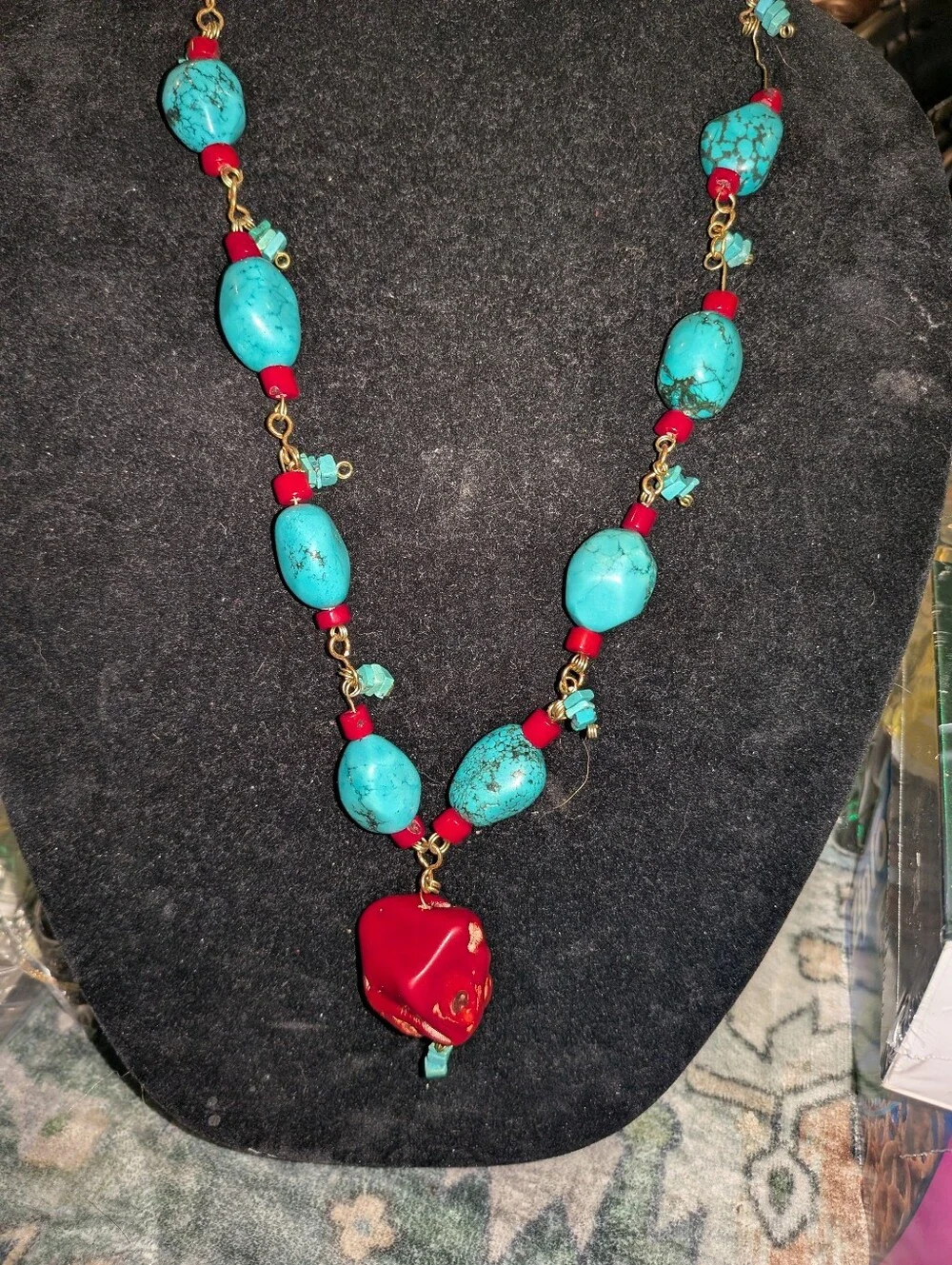 Huge Natural Turquoise And Red Coral Necklace